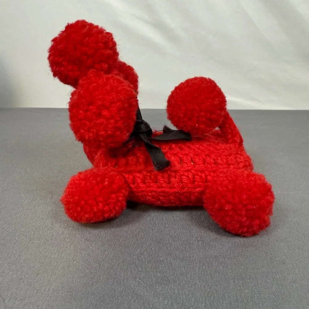 Red Crocheted Poodle Dog Pom Pom Ears Collar Bow Soap Holder Home Decor Handmade